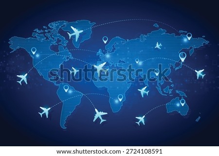 World map with glowing flight paths, airplane icons, and location markers. Represents global air travel, aviation logistics, and international connectivity in a digital tech style. vector illustration.