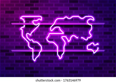 World map glowing neon sign or LED strip light. Realistic vector illustration. Purple brick wall, violet glow, metal holders.