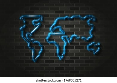 Weltkarte, die Neonschild oder Glasröhre leuchtet. Realistische Vektorgrafik. Schwarze Ziegelwand, weicher Schatten.
