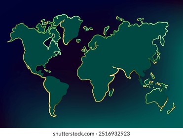 Mapa del mundo con un contorno brillante sobre fondo oscuro. Ilustración vectorial