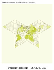 Mapa mundial. Proyección de la mariposa gnomónica. Estilo de los países. Mapa mundial de alto detalle para infografías, educación, informes, presentaciones. Ilustración vectorial.