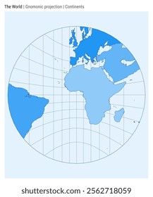 World Map. Gnomonic projection. Continents style. High Detail World map for infographics, education, reports, presentations. Vector illustration.