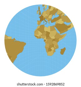 World map with gnomonic projection, featuring meridians on a blue background. Vector illustration.
