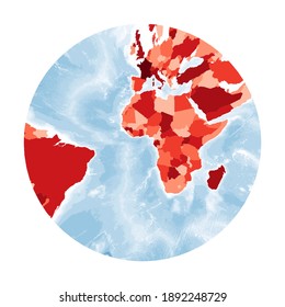 World Map. Gnomonic projection. World in red colors with blue ocean. Vector illustration.