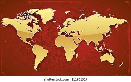 World map of gold color on red grunge background. Vector saved as eps-10, file contains objects with transparency.