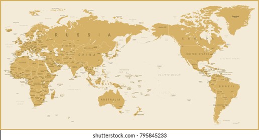 World Map Golden Detailed - Asia in Center - vector