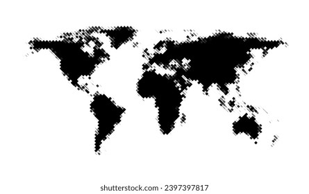 World map grain stipple halftone. Made for world news and articles. Black and grey rectangles of different size on white background. Vector illustration.