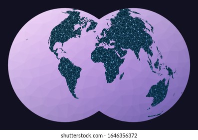 World map graph. Nicolosi globular projection. World network map. Wired globe in Nicolosi projection on geometric low poly background. Cool vector illustration.