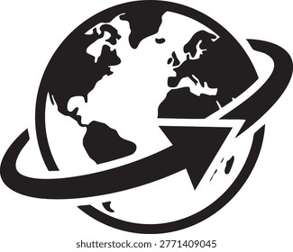 World map graphic with global arrow. International communication symbol.