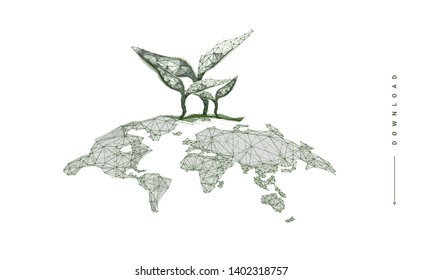 Mapa mundial con brote de hierba . Composición del modelo de alambre poligonal.  
Concepto de planeta ecológico. Ilustración abstracta aislada en fondo blanco. Las partículas se conectan en una silueta geométrica. 