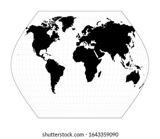 World map with graticule lines. Ginzburg VIII projection. Plan world geographical map with graticule lines. Vector illustration.