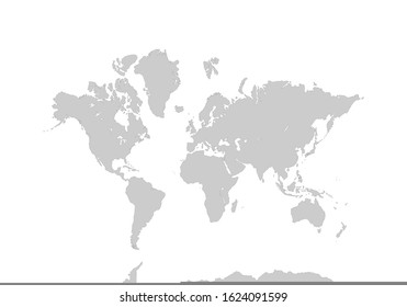 world map.  Gray continents on white background. Asia, Africa, North America, South America, Antarctica, Europe, and Australia. Vector illustration for your design and education use