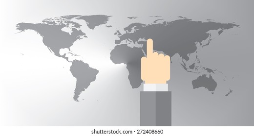 World Map Gray silver with hand pointing on location