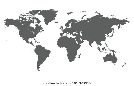 World map. Gray map template for website pattern. Vector illustration of flat Earth isolated on white background. World map icon. Flat globe silhouette. Surface of continents. Simple design.