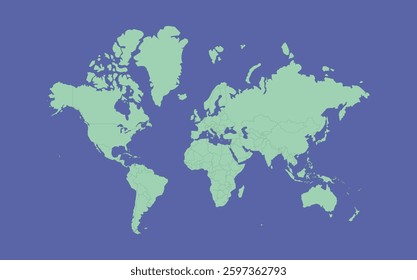 World Map in green color on blue background. Silhouette of all continent. Flat minimalist design
