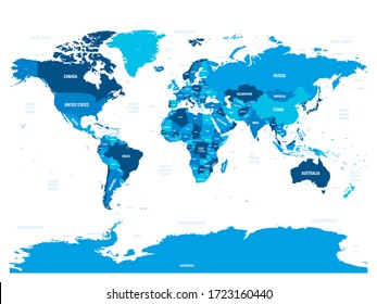 World map - green hue colored on dark background. High detailed political map of World with country, capital, ocean and sea names labeling.