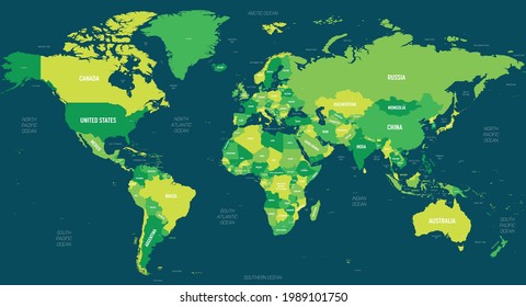 World map - green hue colored on dark background. High detailed political map of World with country, capital, ocean and sea names labeling