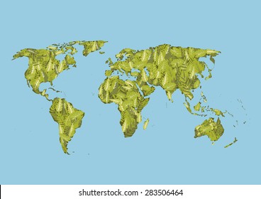 world map of green leaves vector