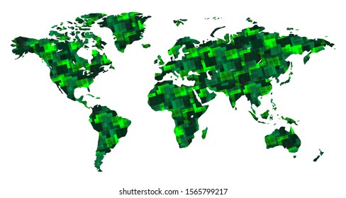 World map in green. An unusual eco style of the continents of the earth. Modern style on the map.