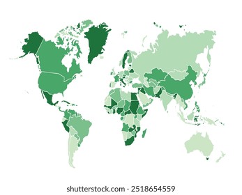 Weltkarte. Grüne Vektorgrafik.Reisen Sie weltweit, Landkarte Silhouette, Hintergrund, Erdgeographie, Politik, Berichte, Stadt, Infografik, Politik, Konzept, Umriss.