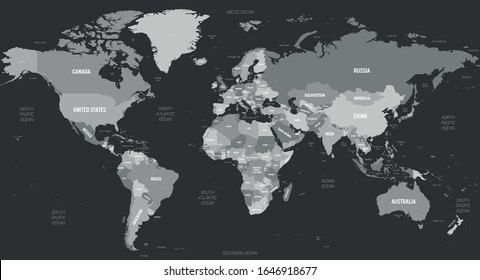 World map - grey colored on dark background. High detailed political map of World with country, capital, ocean and sea names labeling.