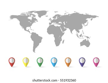 World Map Grey Colored On A White Background With Pin