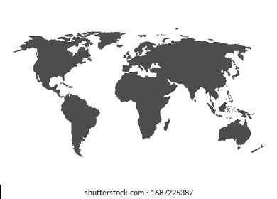 World map. Grey earth isolated on white background. Continents on the globe. Asia, Africa, Europe, Australia, America, Pacific, Atlantic ocean in atlas. Planet icon. Art, wallpaper cartography. Vector