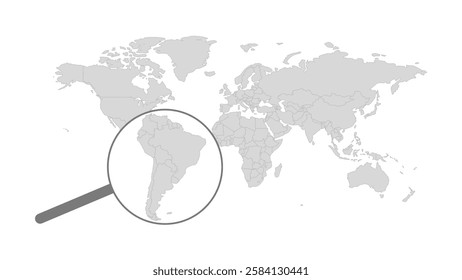 World Map in grey white colors. Magnifying glass magnifying and emphasizing the map of South America. Grayscale all Earth continent isolated on white background for website, education, travel.