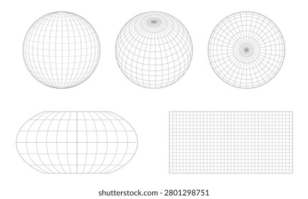 World map grid collectionv with geographic latitude and longitude grids, map projections, and coordinate system. Vector cartography illustration on transparent backgroud.