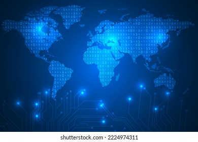 World map grid on binary code with digital circuit light represent to world communication.Vector illustration.