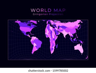 World Map. Gringorten square equal-area projection. Digital world illustration. Bright pink neon colors on dark background. Trendy vector illustration.