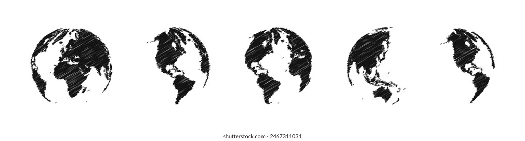 World map grunge silhouette round set. Worldmap hand drawn globe illustration.