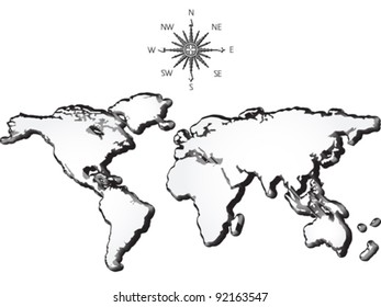 world map grunge and wind rose against white background, abstract vector art illustration