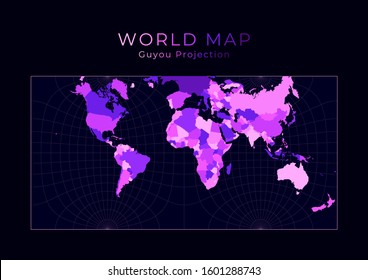 World Map. Guyou hemisphere-in-a-square projection. Digital world illustration. Bright pink neon colors on dark background. Amazing vector illustration.