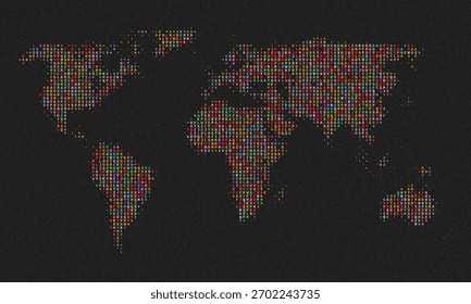 World map halftone black and white. Vector halftone dots black of World map. Grunge halftone gradient background. Faded grit noise texture. Colorful wallpaper. Retro pixelated backdrop. Anime or manga