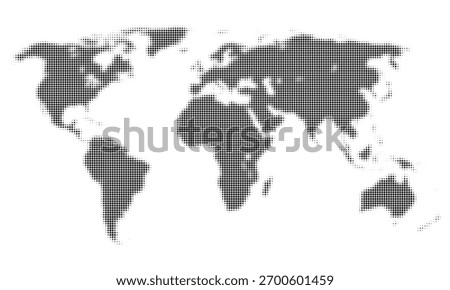 World map halftone black and white. Vector halftone dots black of World map. Grunge halftone gradient background. Faded grit noise texture. Colorful wallpaper. Retro pixelated backdrop. Anime or manga