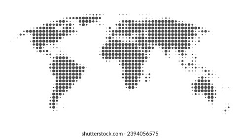 Medio tono del mapa mundial. Hecho para noticias y artículos del mundo. Los círculos grises sobre el fondo blanco. Ilustración vectorial.