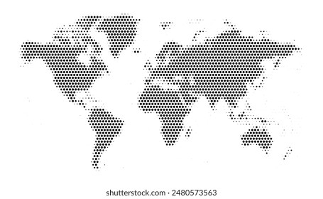 World map halftone. Made for world news and articles. Grey circles on white background. Vector illustration