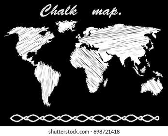 World map hand drawing stylization. Chalk style. A symbol for design. Vector illustration on a black background.