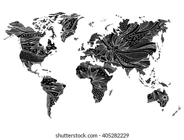 world map hand drawn flower floral design vector