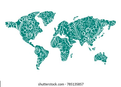 World map Hand drawn with flowers for Valentines Day. Vector flat illustration