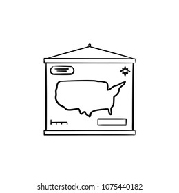 World map hand drawn outline doodle icon. School world map hanging on the wall vector sketch illustration for print, web, mobile and infographics isolated on white background.