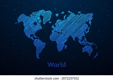World map hand drawn scribble sketch.Vector map in futuristic style on dark blue space background. Vector illustration eps10.