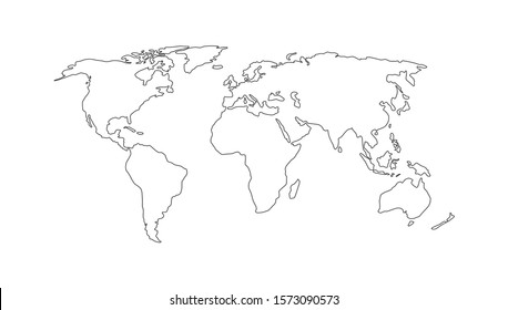 World map. Hand drawn simple stylized continents silhouette in minimal line outline thin shape. Isolated vector illustration on white background. Design elements, template for laser cutting