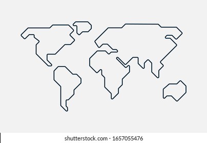 World Map. Hand Drawn Simple Stylized Continents Silhouette In Minimal Line Outline Thin Shape. Isolated Vector Illustration.