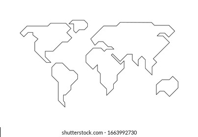 World map. Hand drawn simple stylized continents silhouette in minimal line outline thin shape. Isolated vector illustration.