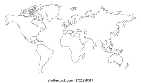 World map. Hand drawn simple stylized continents silhouette in minimal line outline thin shape. Vector Illustration.
