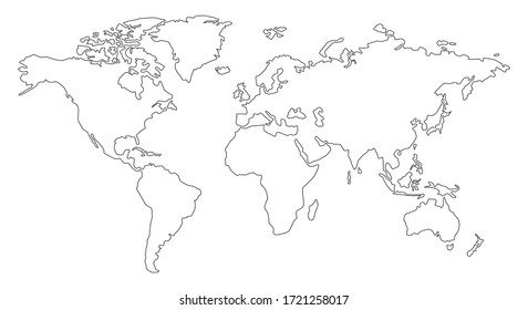 World Map. Hand Drawn Simple Stylized Continents Silhouette In Minimal Line Outline Thin Shape. Vector Illustration.