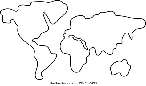World map. Hand drawn simple stylized silhouette of the continents in minimal line thin shape. Isolated vector illustration on a white background. Design elements, template for laser cutting