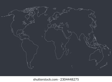 World map. Hand drawn simple stylized continents silhouette in minimal line outline thin shape. Isolated vector illustration on gray background. Design elements, template for laser cutting. 